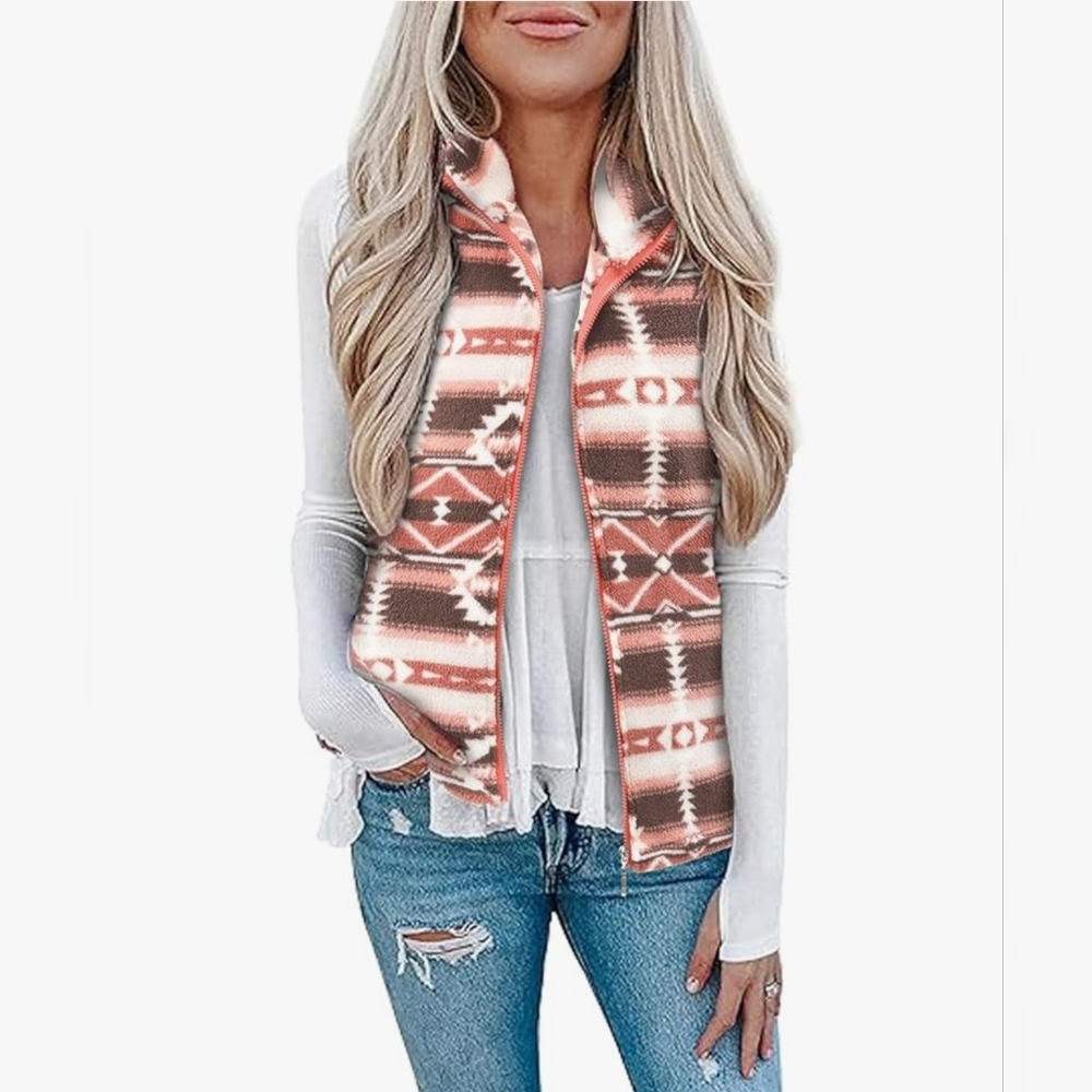 Women's Sherpa Fleece Vest Jacket (M) Boho Print | Sleeveless Cozy Zipper Pocket